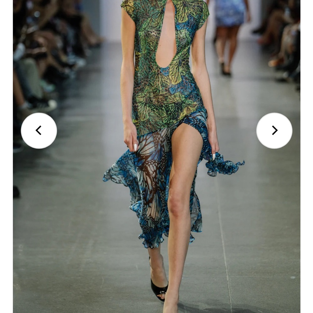 Kim Shui Asymmetrical Green and Blue Sundress with Plunge Neckline
